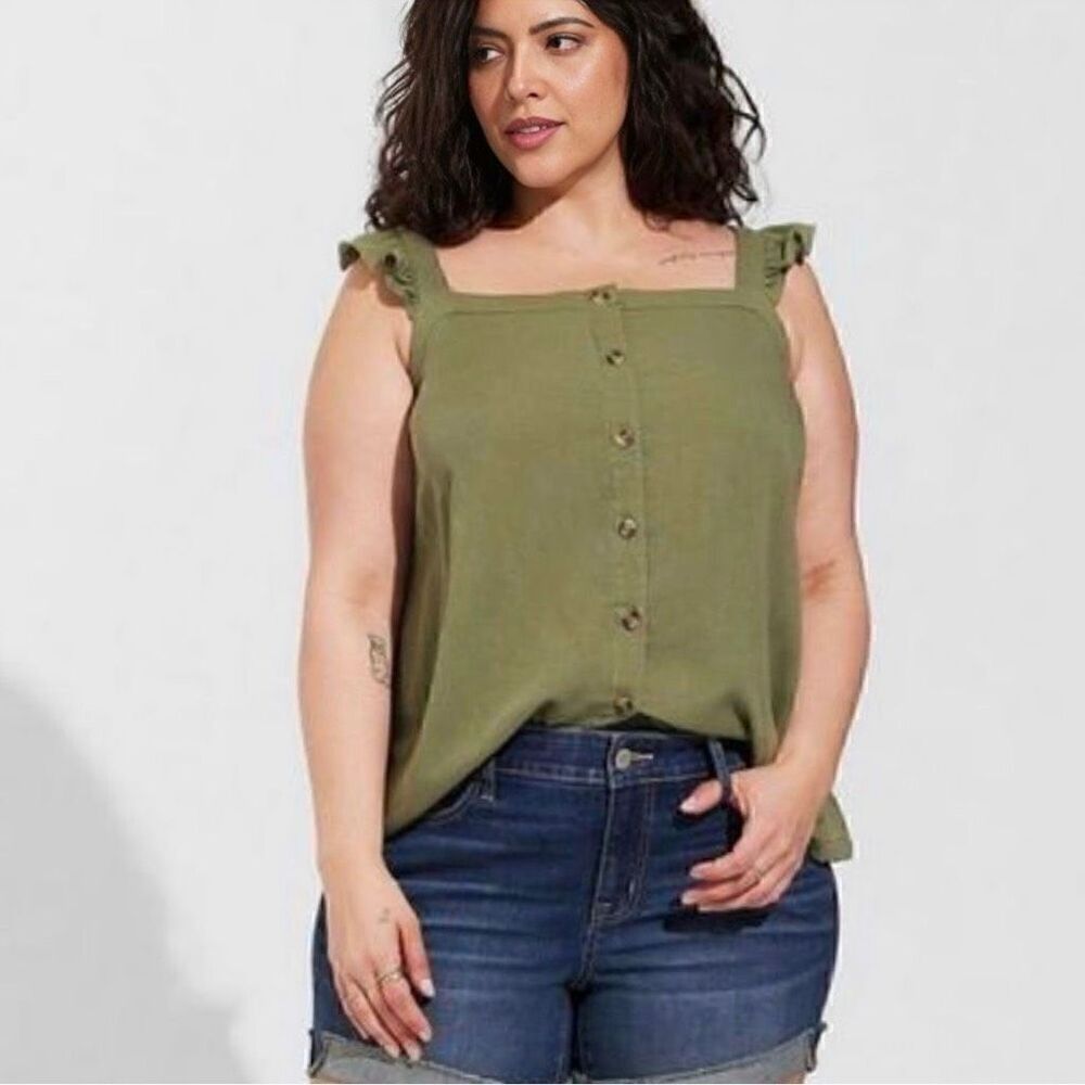 Torrid Olive Double Gauze Ruffle Button Front Tank Top Sz 1X